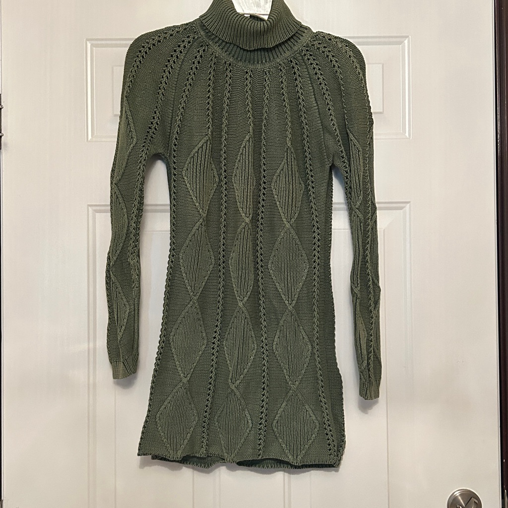 Pulp Textured Cotton Turtleneck Sweater Dress S Green Knit Career Timeless